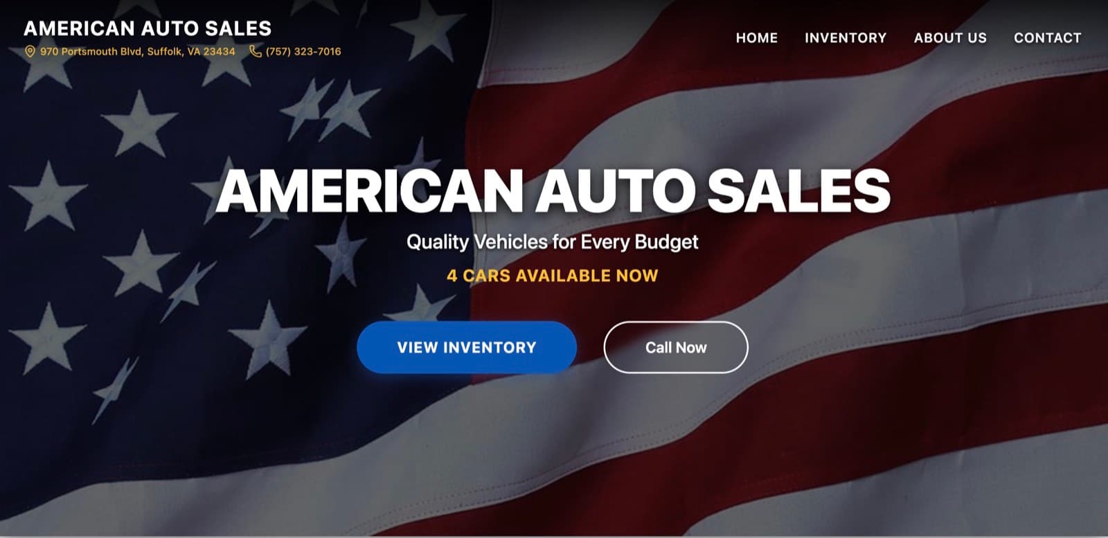 American Auto Sales homepage with inventory count and links to browse inventory or call the dealership
