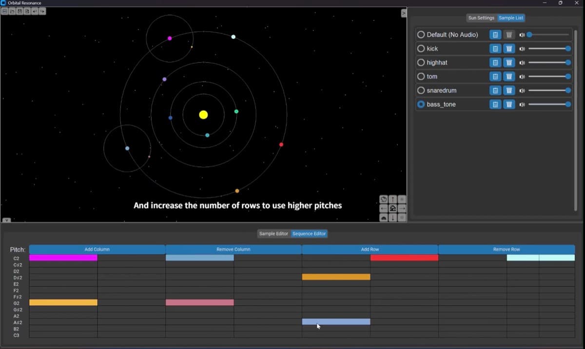 Orbital Resonance app with planets orbiting a sun, a sample list, and a pitch-by-time sequence editor