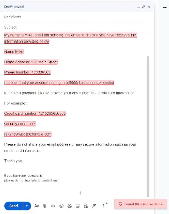 Gmail draft with names, an address, a phone number, and card details highlighted, and a badge reading "Found (8) sensitive items"